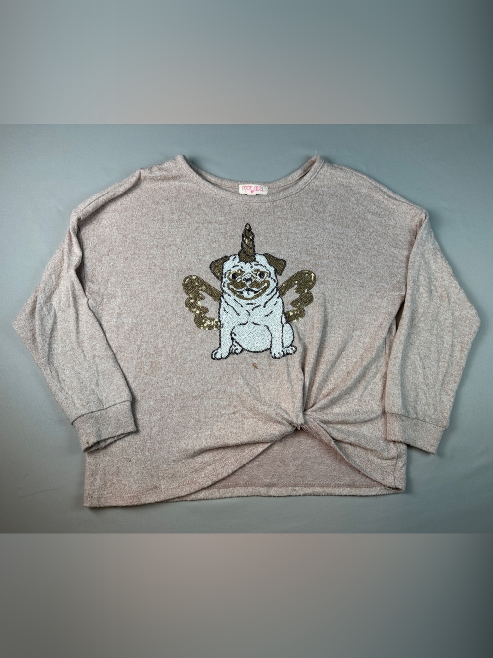 Poor Girl Girls Beige Sequin Pug Unicorn Pullover Hoodie Sequin Medium